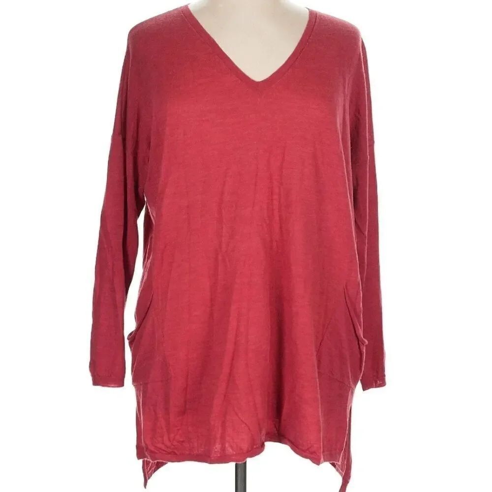 Eileen Fisher Zinia Pink Red Merino Wool Tunic Sweater Top V Neck High Low XL